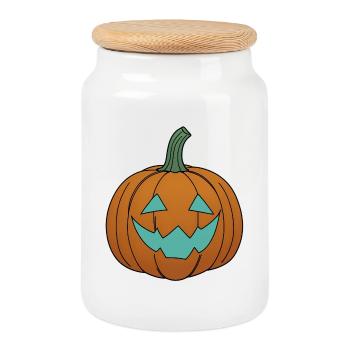 Pumpkin face in teal look - Cookie Jar with Wooden Lid - white - Front