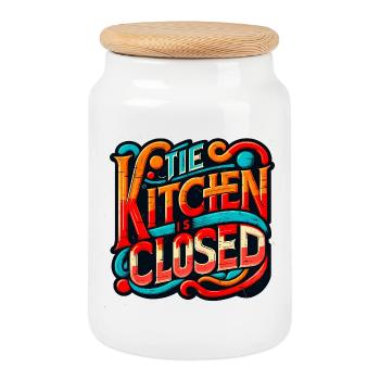 Kitchen is Closed, Funny Restaurant Saying, Chef - Cookie Jar with Wooden Lid - white - Front