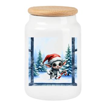 Chapeau d’elfe de Noël - Boîte à biscuits avec couvercle en bois - blanc - Devant