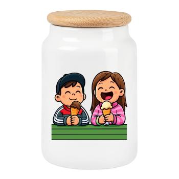 Amis de la crème glacée heureux - Boîte à biscuits avec couvercle en bois - blanc - Devant