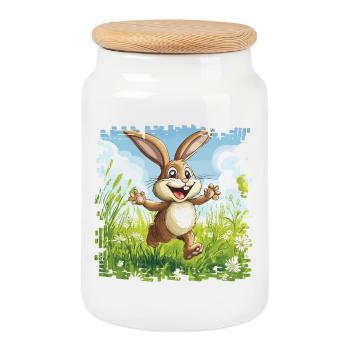 Lapin joyeux dans la prairie printanière - Boîte à biscuits avec couvercle en bois - blanc - Devant