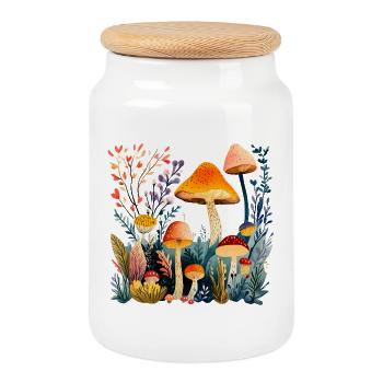 Waldpilz-Gruppe im Herbstwald - Keksdose mit Holzdeckel - Weiß - Vorne