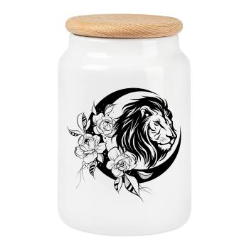 Mystical lion head with moon & blossom motif - Cookie Jar with Wooden Lid - white - Front
