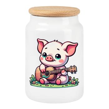 Cute Pig With Guitar Music Friend - Cookie Jar with Wooden Lid - white - Front