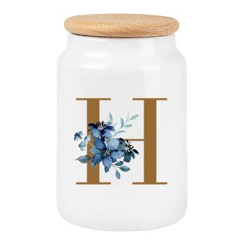 Floral H – Golden letter with flowers - Cookie Jar with Wooden Lid - white - Front