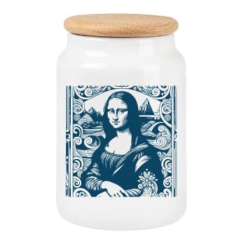 Motif Mona-Lisa moderne bleu avec imprimé vagues - Boîte à biscuits avec couvercle en bois - blanc - Devant
