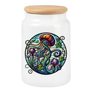 Iridescent Jellyfish Garden - Cookie Jar with Wooden Lid - white - Front