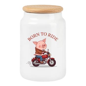 Cochon de dessin animé sur une moto – Né pour rouler - Boîte à biscuits avec couvercle en bois - blanc - Devant