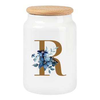 R floral – Lettre dorée avec des fleurs - Boîte à biscuits avec couvercle en bois - blanc - Devant