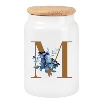 Monogramme M à fleurs bleues - Boîte à biscuits avec couvercle en bois - blanc - Devant