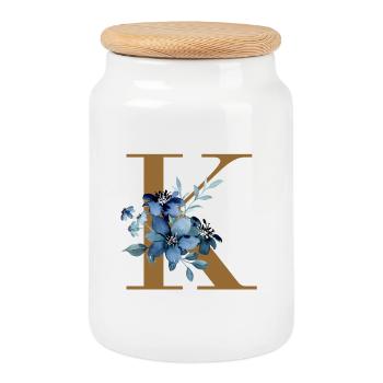 K Monogramme à fleurs bleues - Boîte à biscuits avec couvercle en bois - blanc - Devant