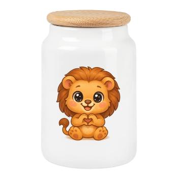 Lion mignon avec des mains en forme de cœur - Boîte à biscuits avec couvercle en bois - blanc - Devant