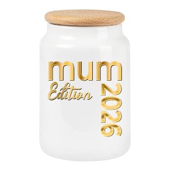 Baby 2026 Announcement British Mum - Cookie Jar with Wooden Lid - white - Front