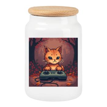Cozy Pixel Cat Controller - Cookie Jar with Wooden Lid - white - Front
