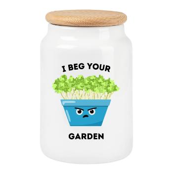 I Beg Your Garden – Funny Plant Cartoon - Cookie Jar with Wooden Lid - white - Front
