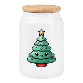 Kawaii Christmas Tree Smile - Cookie Jar with Wooden Lid - white - Front