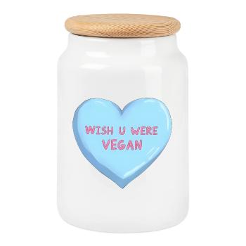 Blue Anime Heart – Wish u were vegan - Cookie Jar with Wooden Lid - white - Front