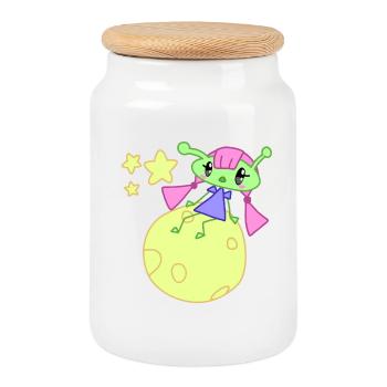 Alien on moon with stars - Cookie Jar with Wooden Lid - white - Front