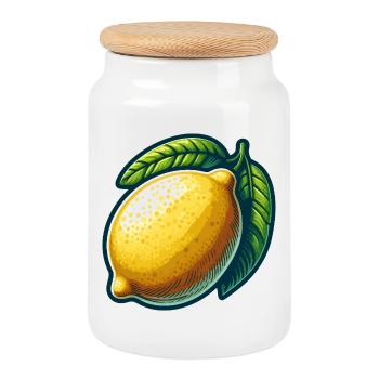 Bright Lemon with Graphic Leaves - Cookie Jar with Wooden Lid - white - Front