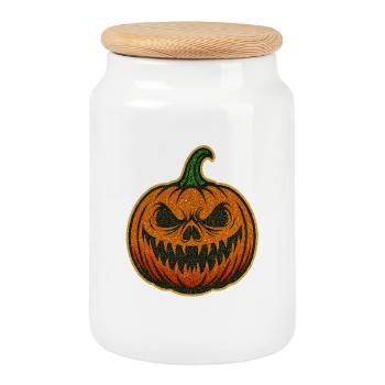 Grimmig Leuchtender Halloween Kürbis - Keksdose mit Holzdeckel - Weiß - Vorne
