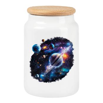Galactic Planetary System Pattern - Cookie Jar with Wooden Lid - white - Front
