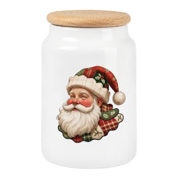 Patchwork-Santa Vintage Flair - Keksdose mit Holzdeckel - Weiß - Vorne