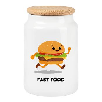 Fast Food Running Burger - Dessin animé drôle - Boîte à biscuits avec couvercle en bois - blanc - Devant