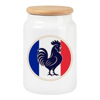 Tricolor Rooster Silhouette in Circular Frame - Cookie Jar with Wooden Lid - white - Front