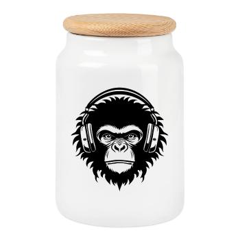 Fokussiert Affenkopf Gaming Kopfhörer Crew Shirt - Keksdose mit Holzdeckel - Weiß - Vorne