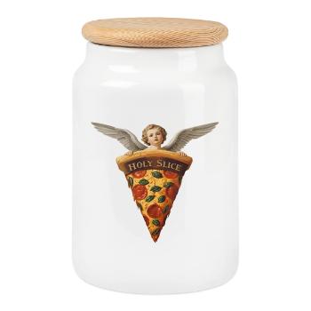 Holy Slice – Cherub Pizza Art - Keksdose mit Holzdeckel - Weiß - Vorne