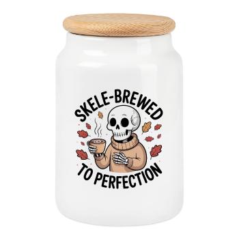 Squelette cosy en pull avec chocolat chaud - Boîte à biscuits avec couvercle en bois - blanc - Devant