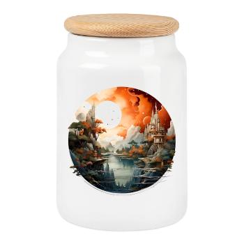 Orange Moon Landscape Fortresses - Cookie Jar with Wooden Lid - white - Front