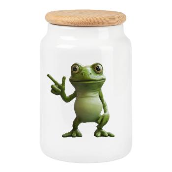Frog Peace Sign Motif, Directional Signpost - Cookie Jar with Wooden Lid - white - Front