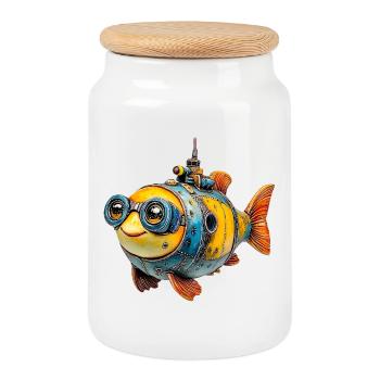 Steampunk fish with glasses - Cookie Jar with Wooden Lid - white - Front