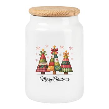 Trio de sapin de Noël patchwork - Boîte à biscuits avec couvercle en bois - blanc - Devant