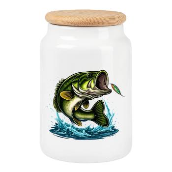 Conception de saut de l’achigan à grande bouche - Boîte à biscuits avec couvercle en bois - blanc - Devant