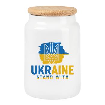 Ukraine Flag Emblem Stand With - Cookie Jar with Wooden Lid - white - Front