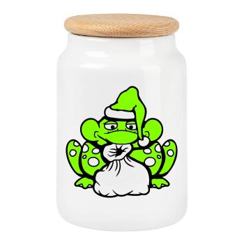 Frog Santa Claus Christmas Hat Gift - Cookie Jar with Wooden Lid - white - Front