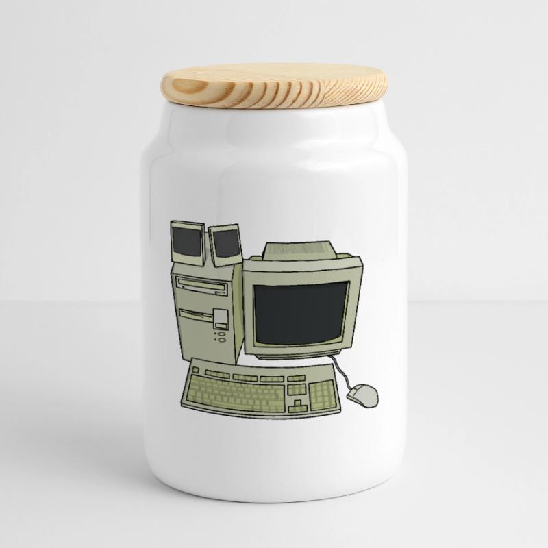 Retro Computer Desk Setup Cookie Jar with Wooden Lid