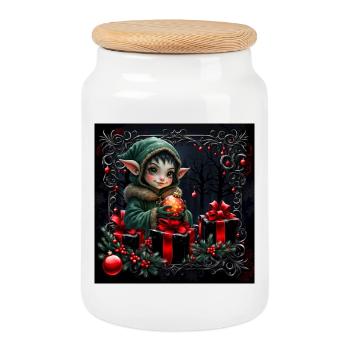 Christmas elf in festive scene - Cookie Jar with Wooden Lid - white - Front
