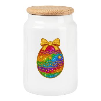 Rainbow Glitter Egg with Bow - Cookie Jar with Wooden Lid - white - Front