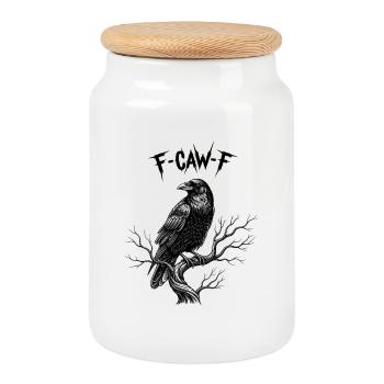 Raven on its onomatopoeia branch "F-Croa-F" - Cookie Jar with Wooden Lid - white - Front