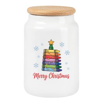 Christmas tree of crayons with stars - Cookie Jar with Wooden Lid - white - Front