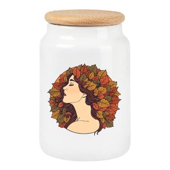 Herbstfrau mit Blättern im Haar – Art Nouveau Desi - Keksdose mit Holzdeckel - Weiß - Vorne