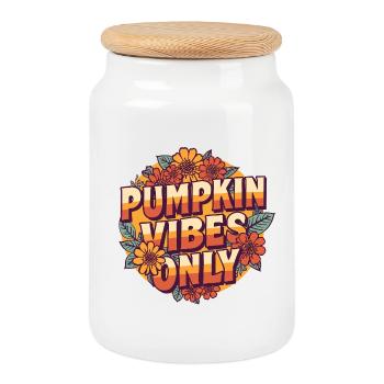 Pumpkin Vibes Only – Retro Typography with Autumn Flowers - Cookie Jar with Wooden Lid - white - Front