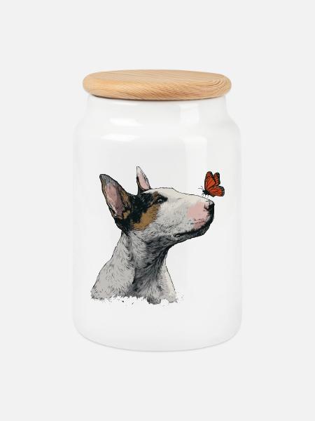 Neugieriger Bullterrier mit Schmetterling - Keksdose mit Holzdeckel - Weiß