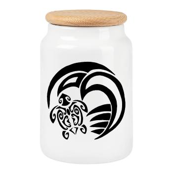Black turtle and ocean - Cookie Jar with Wooden Lid - white - Front