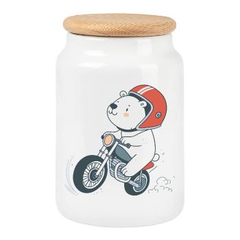 Ourson Motard Cartoonesque - Boîte à biscuits avec couvercle en bois - blanc - Devant