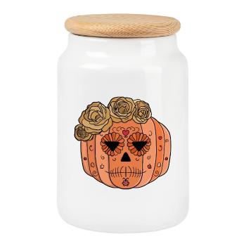 Floral Sugar Skull Pumpkin Face - Cookie Jar with Wooden Lid - white - Front