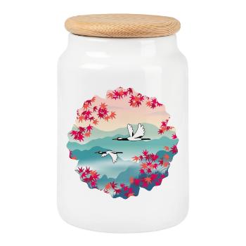 Korean Autumn – Red-crowned Cranes & Maple - Cookie Jar with Wooden Lid - white - Front